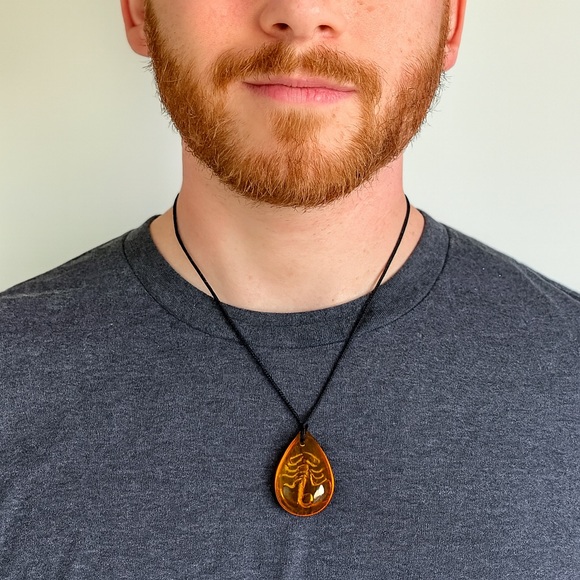 Amber Pendant Necklace - Large Water Drop Fossilized Scorpion Necklace - Picture 1 of 2